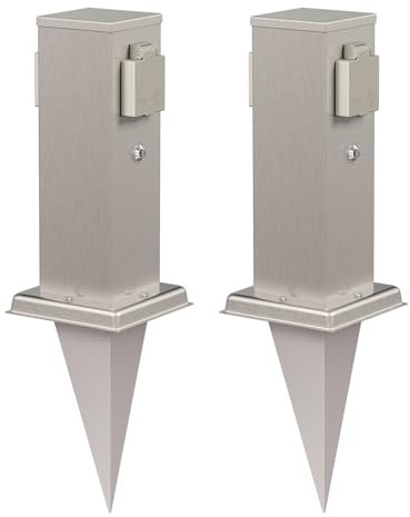 ledscom.de 2 x Polly colonna di presa da giardino con sensore crepuscolare e picchetto a terra per esterni, 2-gang, acciaio inox, quadrato, 27cm