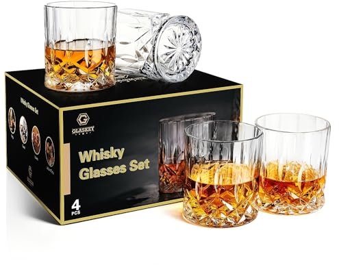GLASKEY Whisky Gläser 4er Set,320ml Bleifreie Kristallwassergläser,Cocktail Rum Wodka Scotch Gin Cognac Wasser Whisky Heavy-Based Gläser,Whiskyglas Geschenkset für Männer,Papa,Bruder