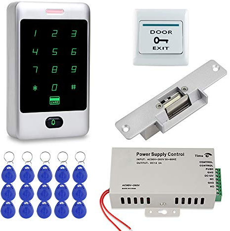 FST Sistema di Controllo Accessi per Porte RFID Set Tastiera RFID Tastiera in Metallo Toccare + Serratura Elettrica NC + Alimentatore per Controllo Accessi + 15 carte Chiave per Casa