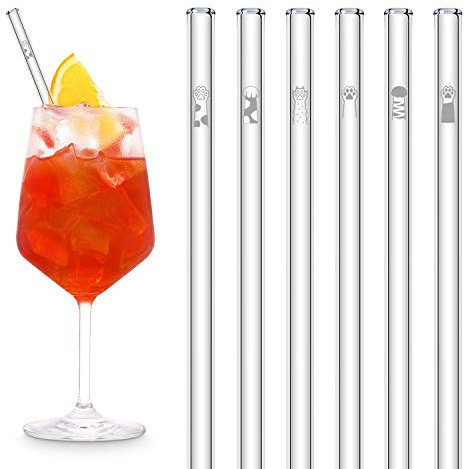HALM Glasstrohhalme 6 Stück graviert: Süße Kater + Katzenpfoten Motive - Strohhalme 20cm - Kätzchen Pfoten Liebhaber Geschenkidee - Spülmaschinenfest