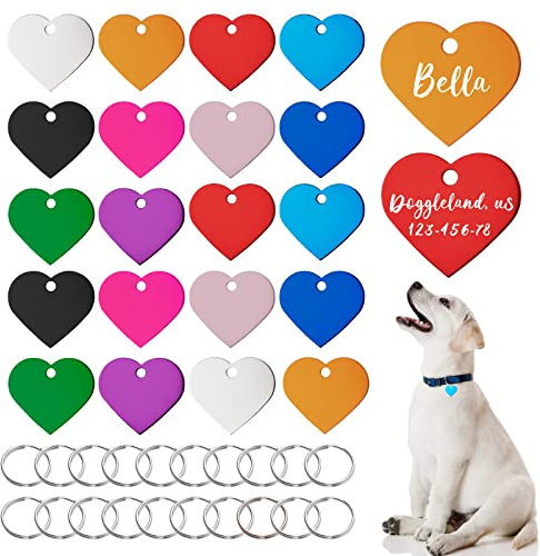 HACRAHO Personalisierte Haustier-ID-Tags, 20 PCS Double Sides Heart Dog Name Tag mit 10 Farben Aluminium Gravierte Hunde-ID-Tag mit 20 PCS Schlüsselanhänger für Hunde Katzen Welpe, Herzform