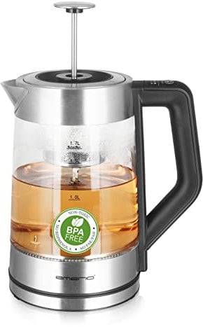 Emerio Glas Teekocher mit Temperaturwahl [50|70|80|90|100°C], WK-122730, Wasserkocher, manuelles Teesieb aus Edelstahl entnehmbar, Borosilikatglas, BPA frei, 1.7l Volumen, 2200 Watt, Silber