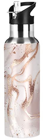 JUMBEAR Rose Gold Abstract Marble Texture Water Bottle Acuum Insulated Stainless Steel Leakproof Wide Mouth with Straw Lid for Fitness Gym and Outdoor Sports 22OZ