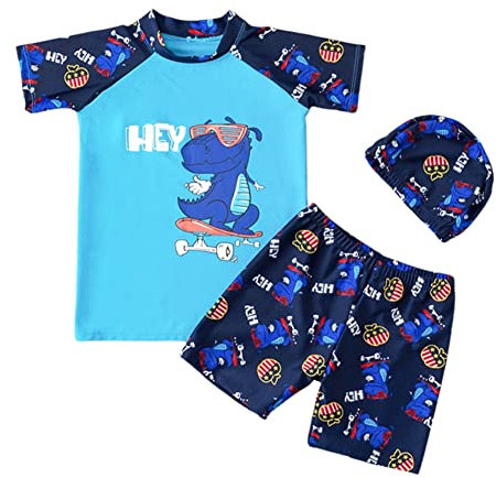 FedMois Traje de Baño para Ninos Conjunto de 3 Piezas Camiseta + Pantalones Cortos + Gorro, Dinosaurio patineta, 2-3 años