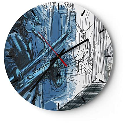 Modern Wanduhr Saxophon Musiker Zeichnen 40x40cm Rund Groß Wand Uhr Glas Analog Zimmeruhren Küche Büro Wohnzimmer Glasuhr Wall Clock Dekoration Design Wanddekoration Küchenuhr C3AR40x40-4148