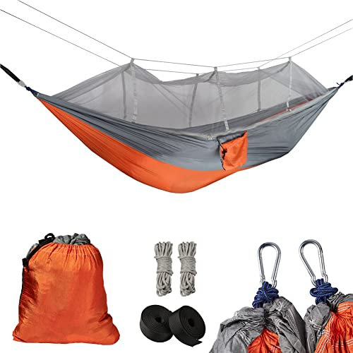 Blueshyhall Ultraleicht Hängematte Outdoor mit Moskitonetz für 2 Personen, 500 KG Tragfähigkeit 260 * 140 cm,Atmungsaktiv Fallschirm Nylon Camping Hängematte Set (Orange)