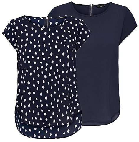 ONLY Tshirt Damen Regular Fit ONLVIC 2er Pack Rundhals Kurzarm Bluse Top Sommer Basic Muster Einfarbig Blau 36, Größe:36, Farbe:Night Sky (15284243)