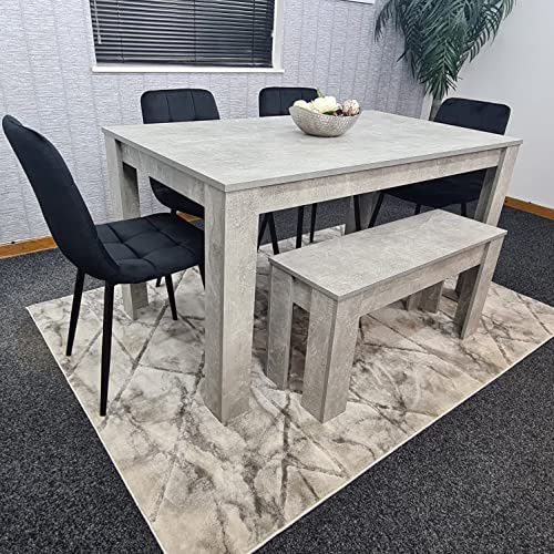 KOSY KOALA Dining Table and Chairs Set with 1 Bench - Stone Grey Kitchen Table with 4 Black Velvet Dining Chairs - Modern 6 Seater Kitchen Room Furniture Set - 140 x 80 x 75 cm