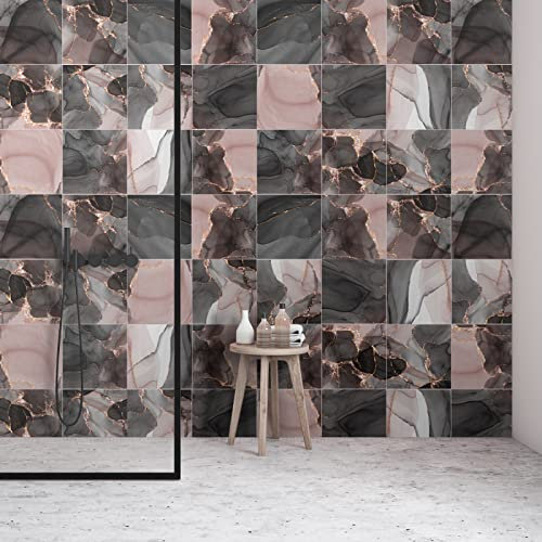 Tile Stickers Rose Gold Charcoal Gray Stick on Tiles PVC Self Adhesive Wall Tiles Durable Peel and Stick Floor Tiles Stick on Wall Tiles Water Proof Tile Stickers for Bathroom Kitchen 20x20cm/12 Pcs