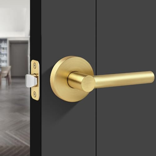 Gaurqiah Brushed Gold Keyless Passage Door Lever, Heavy Duty Gold Interior Door Handle, Round Non-Locking Door Lock for Hallway or Closet, Reversible for Right & Left Sided Doors -Satin Brass Finish