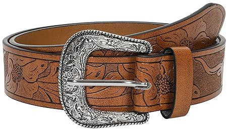 Eohak Western-Gürtel für Damen, Cowgirl, PU-Leder-Taillengürtel mit Vintage-Schnalle und Spitzen-Enden für Jeans, Hosen, Kleider, Braun geschnitzt (Fit Taille 32-39), M