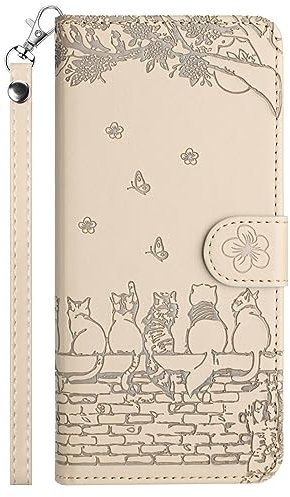FALUWONRU for iPhone SE 2022/SE 2020/8/7 Wallet Case,Fence Cats Butterfly Flower Embossed PU Leather Flip Phone Case with Card Slots,Magnetic Protective Cover with Holder Kickstand,Khaki