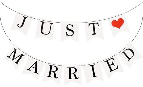 Bewudy Just Married Wimpelkette, Banner Flaggen, Hochzeitsgirlande Deko Wimpelkette Banner mit Seil Hochzeitsgirlande als Deko für Hochzeit Fest Party Brautdusche oder Foto Photo Booth Fotografie