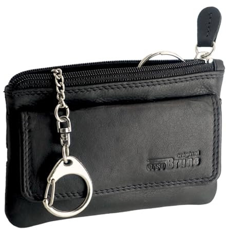Schlüsseltasche Leder schwarz Schlüsseletui Leder Schlüsselmäppchen Damen und Herren Rindleder Büffel schwarz + Karabiner und 2 Schlüsselringe + Münzfach