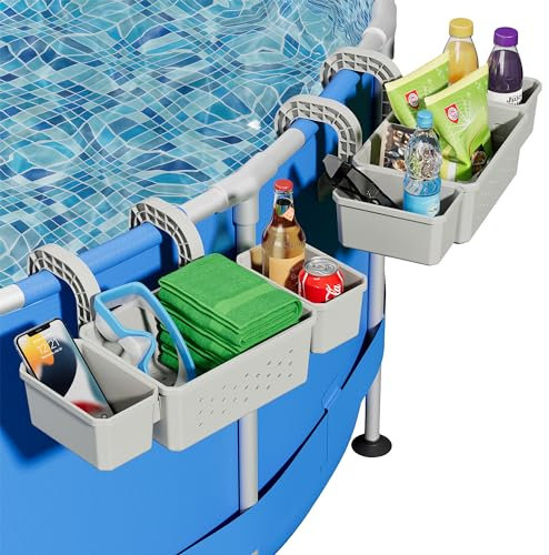 Kompoll Almacenamiento junto a la piscina para accesorios de piscina sobre el suelo, cesta de piscina de plástico grueso con 2 soportes para tazas de piscina, soporte multifuncional junto a la piscina