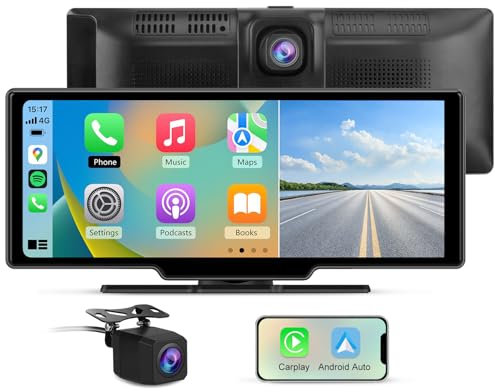 AWESAFE Pantalla Carplay Coche Inalámbrico y Android Auto, 10.26 Pulgadas de Pantalla Táctil con 4K Dashcam Frontal, 1080P Cámara Trasera Incluida, Comandos de Voz, Bluetooth/GPS/FM/AUX/MirrorLink