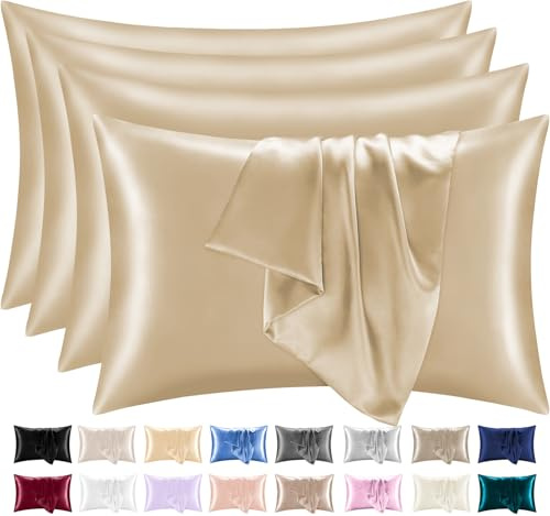 Lazzaro Satin Silk Pillowcases for Hair and Skin - Hypoallergenic Silk Pillow Cases 4 Pack with Envelope Closure - Ultrasoft Standard Size Champagne Silk Pillowcases (50 x 75 cm)