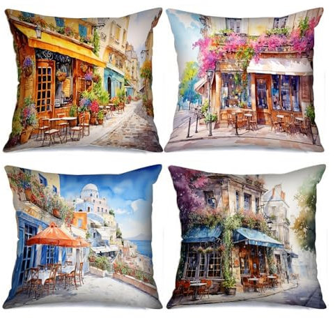 Tucocoo Kissenbezüge mit Stadtbild an der Ecke, dekorativ, Motiv: Stadt am Meer, 45,7 x 45,7 cm, 4 Stück, moderne Kunstwerke, Kissenbezüge für Sofa, Wohnzimmer, Geschenk