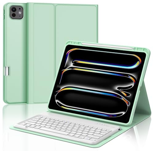 Funda con Teclado para iPad Pro 13'' (M4) 2024, Teclado Bluetooth Inalámbrico Desmontable con Funda Protectora Delgada y Ranura para Bolígrafo para iPad Pro 13 Pulgadas M4 2024 Tablet, Verde Claro
