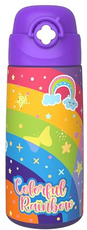 Kiocko Gourde isotherme pour enfant, avec paille, en acier inoxydable, 500 ml, certifiée TÜV, sans BPA, anti-fuite, pour l'école, la maternelle, violet, motif arc-en-ciel