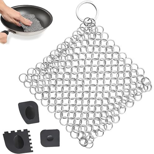 katmerio Gusseisenreiniger für Dutch Oven, Edelstahl Gusseisenreiniger Reinigungsset mit Schaber, Ringreiniger Dutch Oven Zubehör zum Reinigen Speiseresten