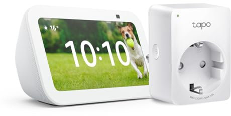 Echo Show 5 (3.ª generación) | Blanco + Tapo P100MA - Matter Mini Enchufe Inteligente, compatible con Alexa - Kit de inicio de Hogar digital