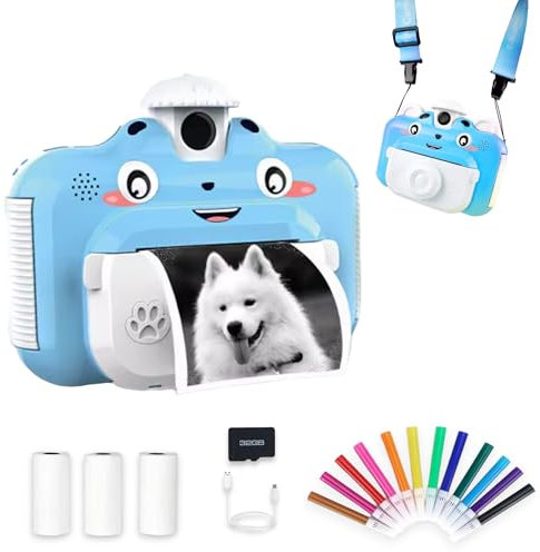 Camara Fotos Infantil Instantanea, Camara de Video Niños, SD de 32G, FHD 1080P, Selfie, 12 Rotuladores, 3 Rollos de Papel y Colgante. Regalo para Niños y Niñás de 3 a 14 Años, Regalos de Cumpleaños
