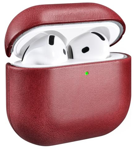 Leder Hülle für AirPods 4 2024, ICARER Premium Echtleder Stoßfeste Schutzhülle für Apple AirPods 4 Kopfhörer Case (LED sichtbar) Unterstützung Wireless Ladegerät-Rot