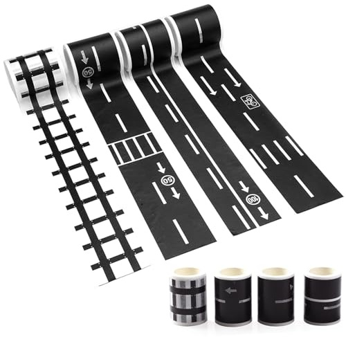 4 Stück Straße Straßenband, Selbstklebend Straßenband Tape, Straße Autobahn Eisenbahn Straßen Klebeband, Straßen Klebeband mit Verkehrsschildaufklebern für Wohnzimmer, Schlafzimmer, Freizeitraum