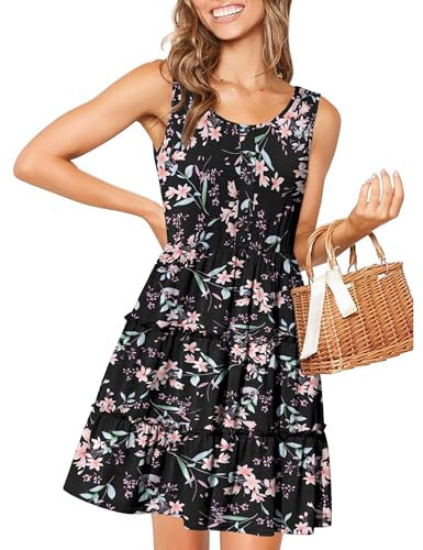 Hotouch Strandkleid Damen Sommerkleid Ärmellos Blumen Kleid Elegant Knielang A-Linie Kleider Rundhals Freizeitkleid Swing mit Tasche Rüschen Tank Kleid SchwarzRosa S