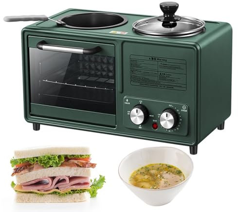 4 in 1 Breakfast Maker Station with Grill - Large Capacity Baking Area, Non-Stick Frying Pan, Cooking Pot - Dual Temp Control, Timer Settings - Perfect Breakfast Machine