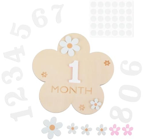 FEQDWOX 1 Unidad Tarjetas de Hitos Mensuales para Bebe con Puntos de Pegamento Estilo Flor Tarjeta Mensual de Madera Bebés Accesorios para Fotos para Bebés de 0-12 Meses Baby Shower cumple mes