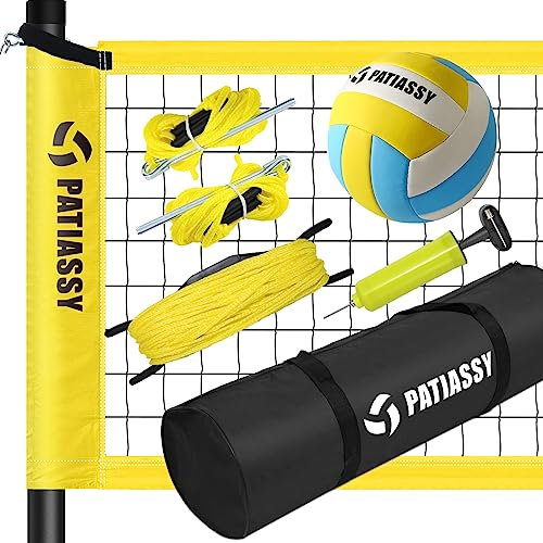 Patiassy Professional Volleyball Net and Ball Set System for Outdoor Beach, Backyard, Garden with Adjustable Height Steel Poles, Strong Nylon Net, PU Volleyball and Carrying Bag (Yellow)