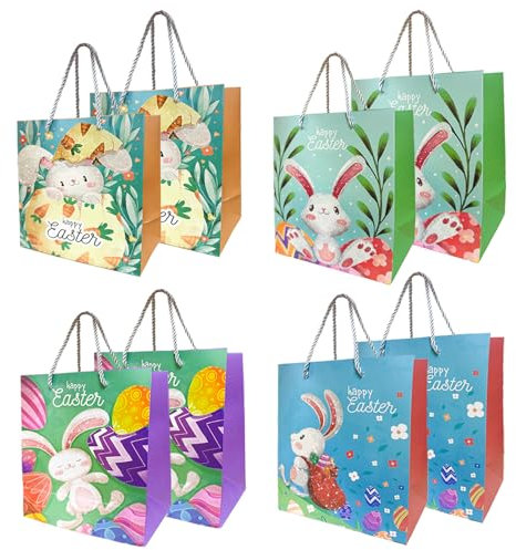 KEELYY 8 Stück Geschenktüten Ostern, Ostertüten Hase Tüten Ostern Papiertüten mit Henkel, Osternest zum Befüllen, Ostergeschenke Osterdeko, 23x22x10cm