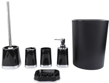Haofy Badezimmer-Set, Schwarz, 6-teilig, mit Mülleimer, Zahnbürstenhalter, Seifenschale, Toilettenbürste, Mundwasserbecher - Polypropylen, Glänzend, Contemporary, Sets