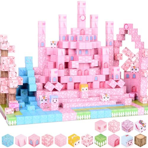 YIHANG 100PCS Magnetic Blocks, Magnetic Building Blocks Princess Toys for Girls, Toddler Birthday Easter Gifts, Build Pink Castle&Pincess Tiles STEM Construction Toy for Kid Girl 3 4 5 6 7 8 9 10