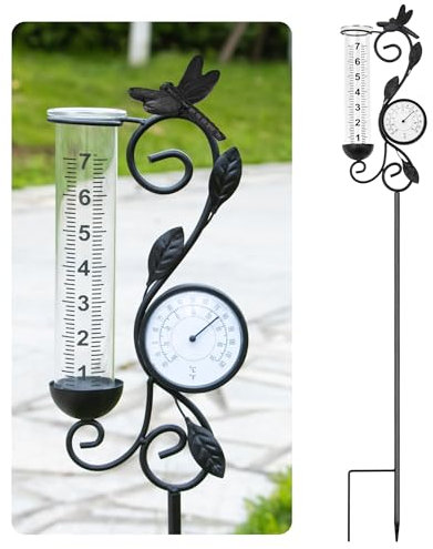 Libellen-Regenmesser, Gartendekoration, 81,3 cm, Thermometer, Terrassendekoration, 17,8 cm Kapazität, Regenmesser, Ersatzrohrglas, Außentemperatur, Terrassendekoration