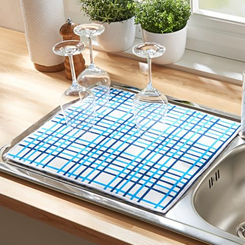 3 PAGEN® Abtropfmatte für Geschirr, Trockenmatte 41 x 46 cm, extrem saugstark, antibakteriell und waschbar, Abtropfmatte für Küche/Spüle, Spülmatte und Abtropfunterlage aus 100% Polyester, Blau-Weiß