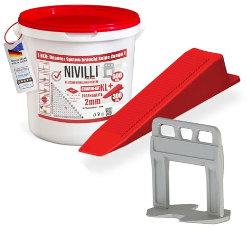 Nivilli KEILY Starter-Set XL - 500x Laschen + 300x Keile. Zangenloses Profi Nivelliersystem. Verlegehilfe Fliesen. DAS BESTE ZUM GÜNSTIGEN PREIS! 2mm Fugenbreite, Materialstärke 3-15mm