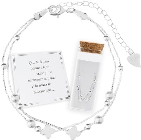 MOMENTUM Pulsera Plata Mujer (Bañada) – Trébol de la suerte – Regalo con Caja y Dedicatoria Premium – Ajustable y Elegante – Ideal Cumpleaños, Navidad, San Valentín