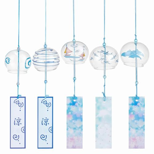 OLYCRAFT 5Pcs Carillon Éolien Japonais 5 Styles Thème D'Été Cloches à Vent en Verre Fabriquées à la Main Pendentifs Créatifs à Suspendre pour Maison Jardin Le Mariage Décoration Intérieure