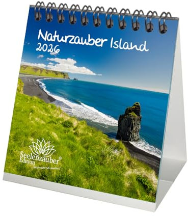 Naturzauber Island Tischkalender 10cm x 10cm für 2026 Natur Reise - Set-Inhalt: 1x Kalender 1x Weihnachtsanhänger 1x Grußanhänger (gesamt 3 Teile)