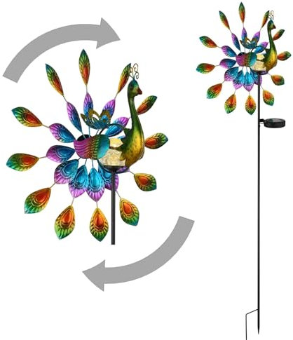 bmf-versand® Windrad Metall Garten Pfau Solar - LED Solarleuchte Außen Solarlampe Windspiel Drehend - Solarleuchte Stehend Bunt - Solarbeleuchtung für Terrasse und Balkon - Gartenleuchte Windmühle