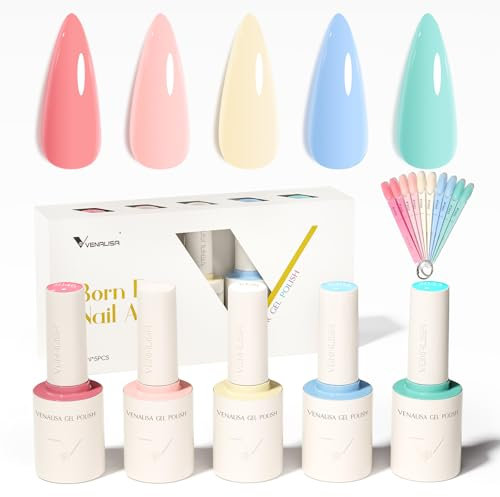 VENALISA Gel Nail Polish Set 5 Colours Light Pink Yellow Blue Green Colors with a DIY Nail Tips & Colored Labels Collection Soak Off UV Gel Classic Nail Art Manicure for Holidays 2503