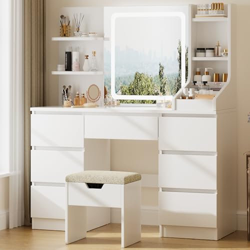 TRIUMPHKEY Schminktisch mit LED Beleuchtung und Hocker, Einstellbarer Helligkeit, Frisiertisch mit Spiegel, Kosmetiktisch mit 7 Schubladen, für das Schlafzimmer (Weiß)