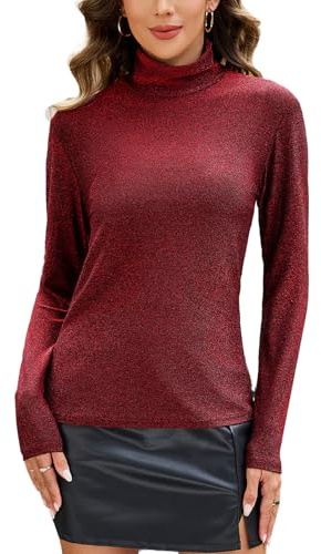 Beitiny Glitzernde Oberteile für Damen, Rollkragen-Langarm-Shirts, schmale Passform, Glitzer-T-Shirt, Thermo-Shirt