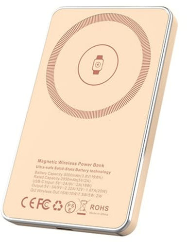 Xyleno Solid-State Battery Magnetic Power Bank: 5000mAh Wireless Charger for Magsafe, 20W Fast Charging Battery Pack, Portable Powerbank for iPhone 16/15/14/13 Series Only - Gold