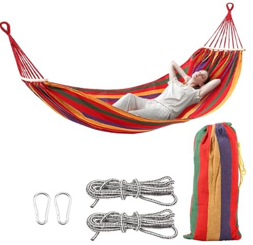 Camping Hängematte,661lbs Kapazität,Tragbare Hängematten mit Zwei Baumgurten und Tragetasche,Heavy Duty Canvas Doppel Hängematte für Draußen Innen Wandern Strand Rucksack Reisen,200x150cm(Bunt)