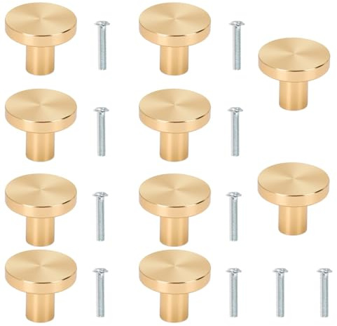 aiyraa 10PCS Gold Drawer Knobs with Screws - Round Drawer Handles for Cupboard, Wardrobe, Kitchen, Single Hole Nordic Style Brass Door Knobs, Solid Vintage Gold Handles for Drawers & Cabinets