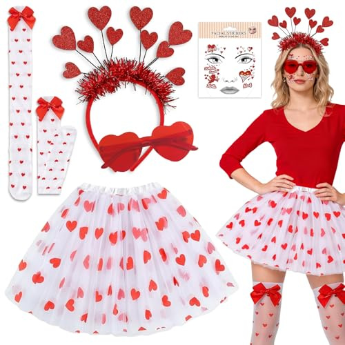 LIZANQU 5 Stück Amor Kostüm Damen, Amor Kostüm Valentinstag, Karneval Kostüme Amor Set, mit Glitzer Herz Haarreif Rot Herz Sonnenbrille, Tutu Rock, Aufkleber für Amor, Strümpfe